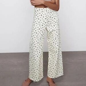 Zara Marine (Sailor) Wide Leg Straight Fit High Waisted Jeans Floral 2